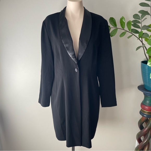 Vintage Longline Satin Mixed Media Blazer Suit Jacket Long Black Corporate Goth - Picture 1 of 8